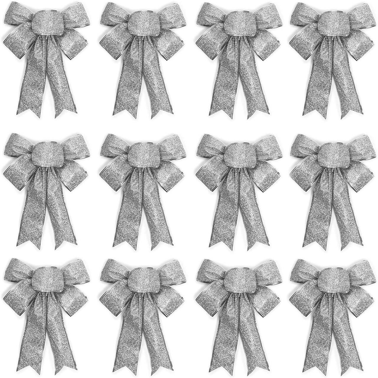 Bright Creations 12 Pack Silver Glitter Wreath Bows for Christmas Outdoor Decor, Organza Twist Tie Ribbons for Crafts, Xmas Gift Wrapping, Silver Bows Holiday Present Decorations Crafts, 7x9 in